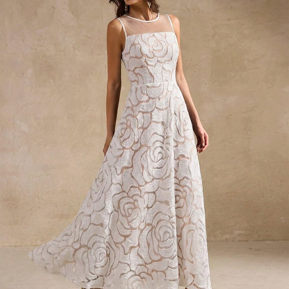 White Elegant Women's Lace Sleeveless Tulle Dress - Picture 1 of 5
